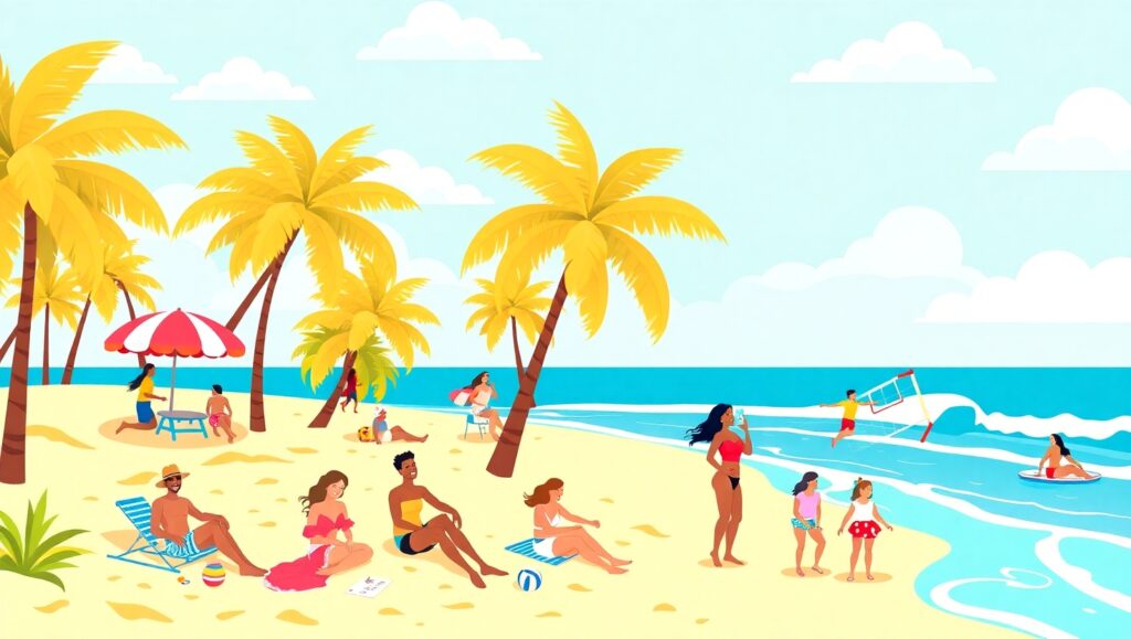 Sunny Beach Day in Flat Design – free AI stock image