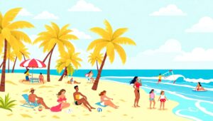 Sunny Beach Day in Flat Design – free AI stock image