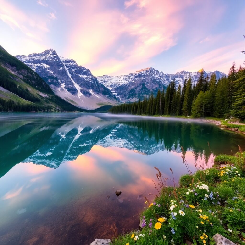 Sunrise Over a Serene Mountain Lake – free AI stock image