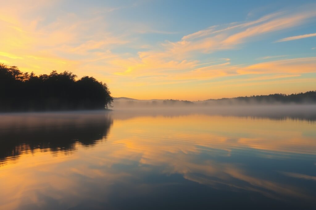 Sunrise Over a Tranquil Lake – free AI stock image