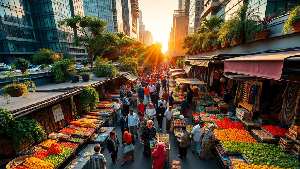 Sunrise Over a Vibrant Market – free AI stock image