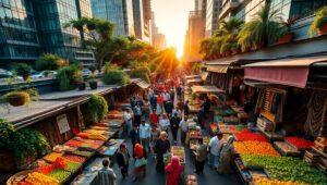 Sunrise Over a Vibrant Market – free AI stock image