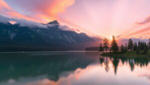 Sunrise Serenity in Mountain Reflections – free AI stock image