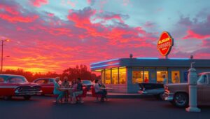 Sunset at the Retro Diner – free AI stock image