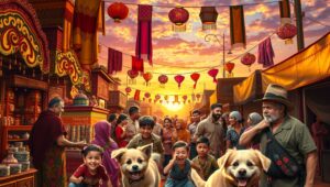 Sunset Bazaar: A Vibrant Marketplace – free AI stock image