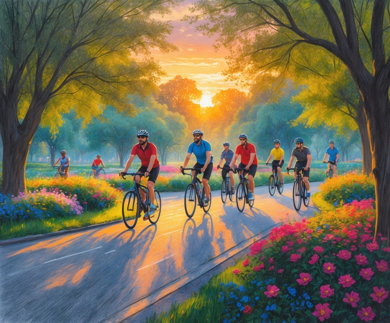 sunset bicycle ride through blossoming park