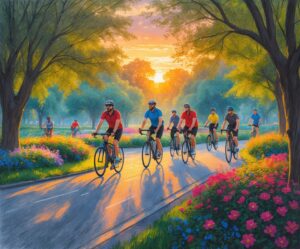 Sunset Bicycle Ride Through Blossoming Park – free AI stock image