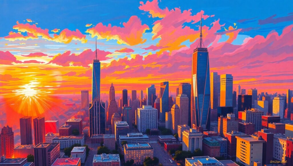 Sunset City Skyline in Acrylic – free AI stock image