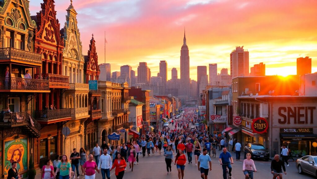 Sunset Cityscape in Color Sketch – free AI stock image
