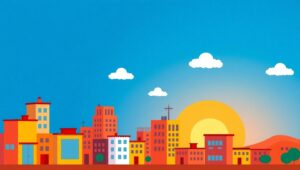 Sunset Cityscape in Flat Design – free AI stock image