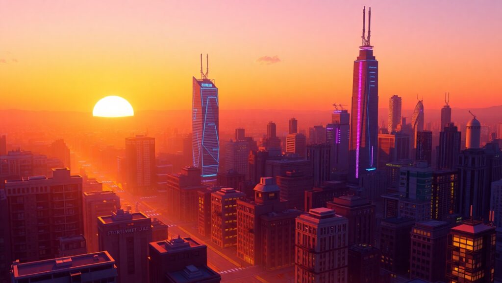Sunset Cityscape in Pixel Art Style – free AI stock image