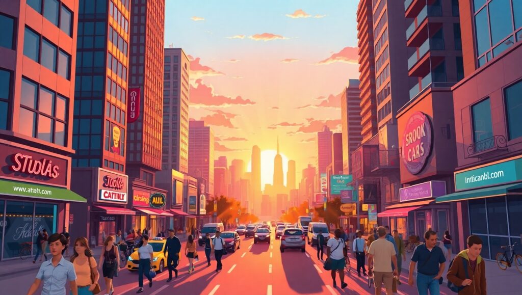 Sunset Cityscape Vector Illustration – free AI stock image