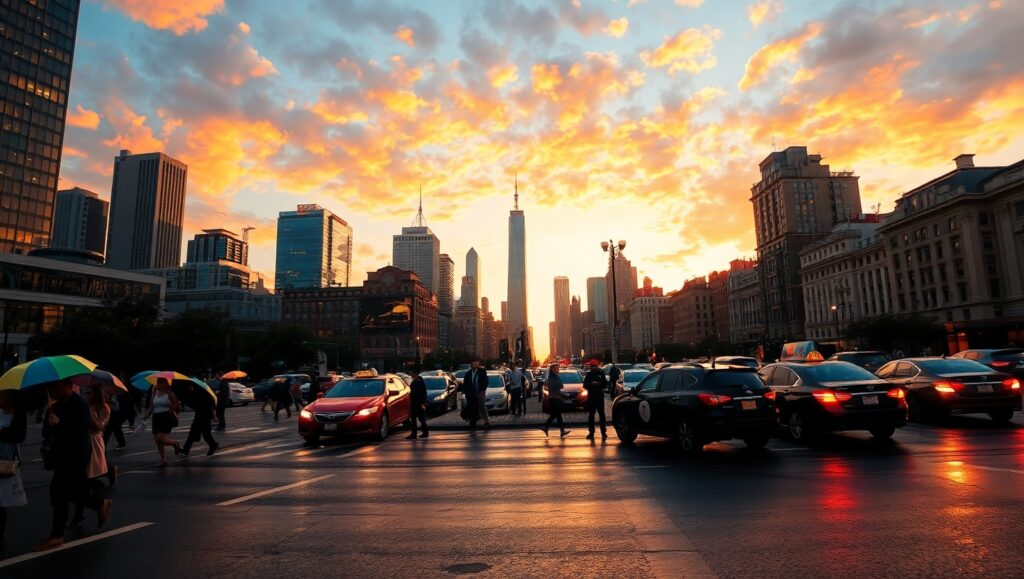 Sunset Cityscape with Bokeh Lights – free AI stock image