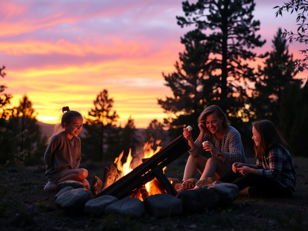 Sunset Family Gathered Around a Bonfire – free AI stock image