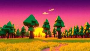 Sunset in a Low-Poly Forest – free AI stock image