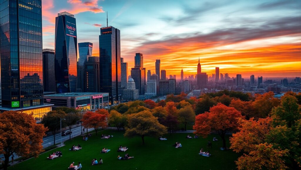 Sunset Over a Bustling Cityscape – free AI stock image