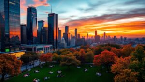 Sunset Over a Bustling Cityscape – free AI stock image