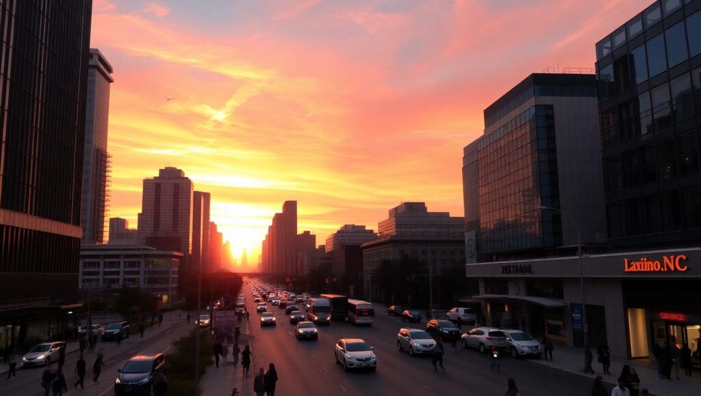 Sunset Over a Busy City Street – free AI stock image