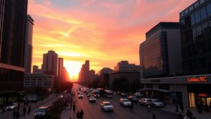 Sunset Over a Busy City Street – free AI stock image