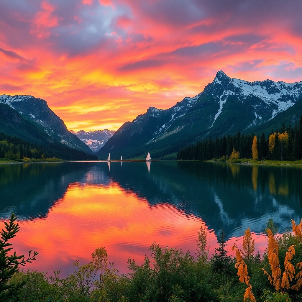 Sunset Over a Serene Mountain Lake – free AI stock image