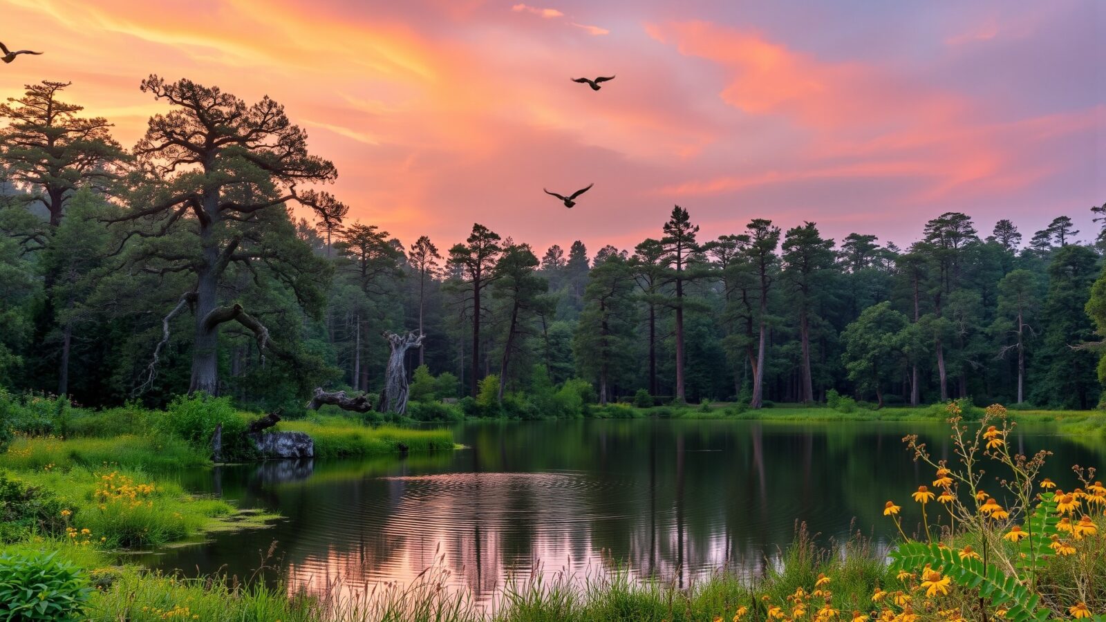 sunset over a tranquil forest lake with reflections