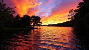 Sunset Over a Tranquil Lake and Forest – free AI stock image