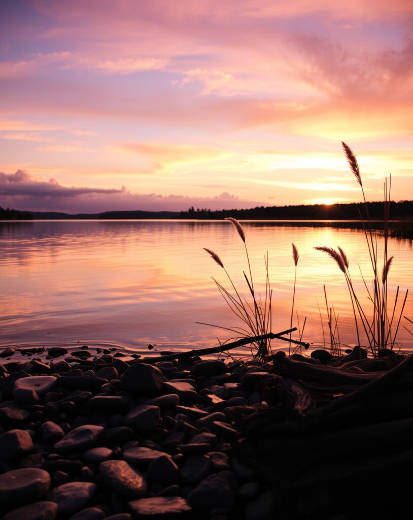 Sunset Over a Tranquil Lake with Objects – free AI stock image