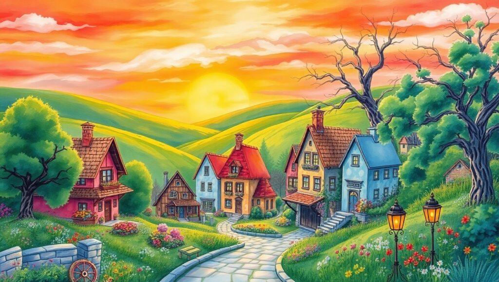 Sunset Over a Whimsical Village – free AI stock image