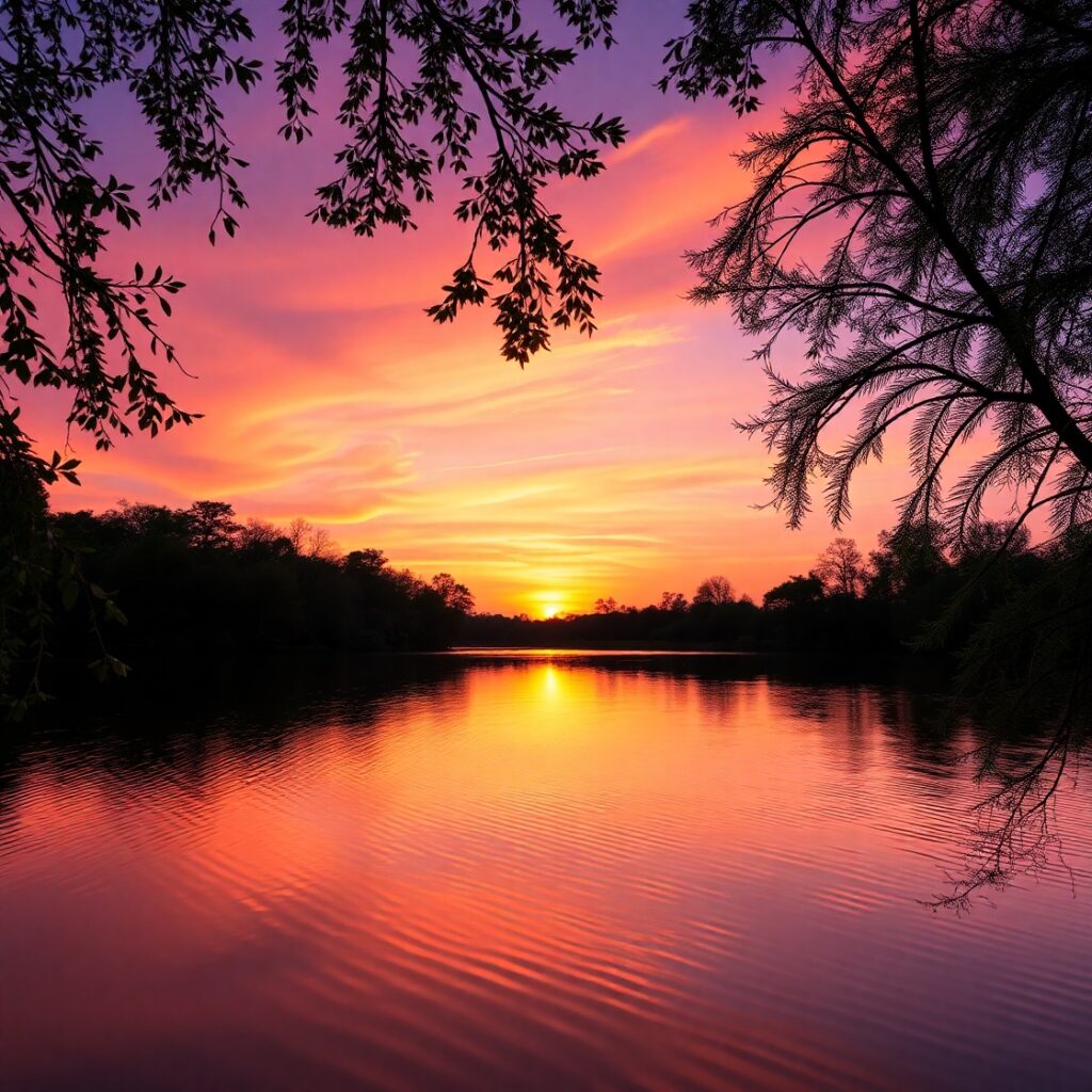 Sunset Over Calm Lake Reflecting Colors – free AI stock image
