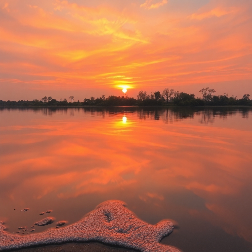 Sunset Over Calm Lake Reflecting Sky – free AI stock image