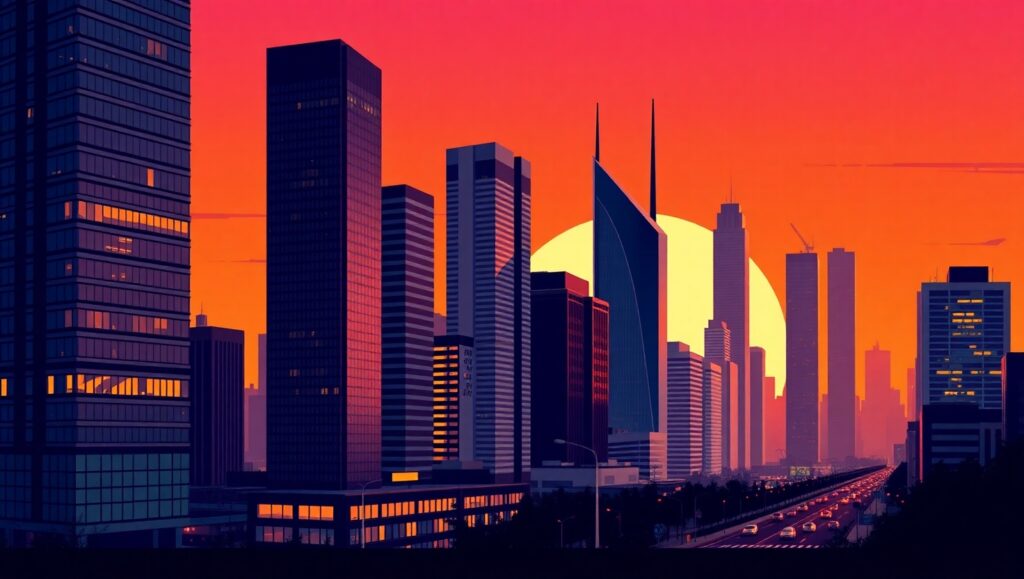 Sunset Over Flat City Skyline – free AI stock image