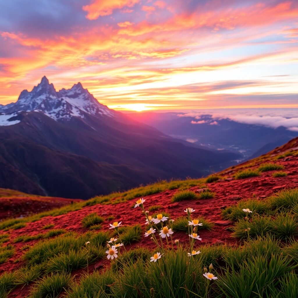 Sunset Over Majestic Mountain Peaks – free AI stock image