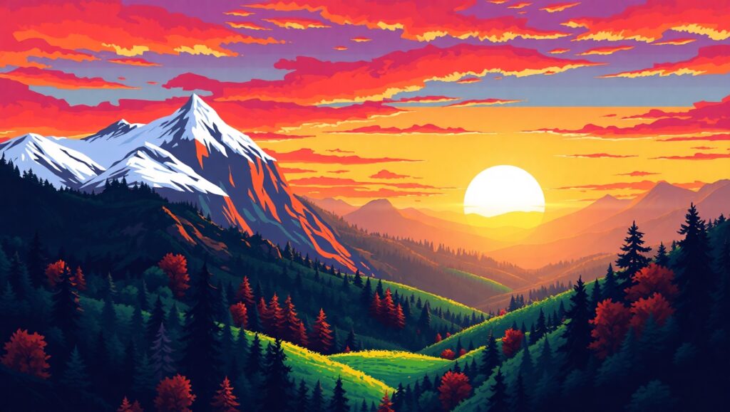 Sunset Over Pixelated Mountains – free AI stock image