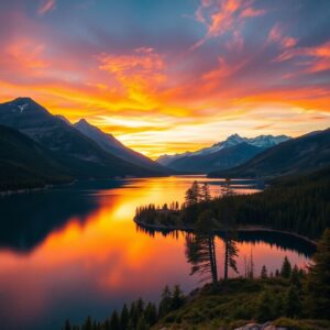 Sunset Over Serene Lake and Mountains – free AI stock image