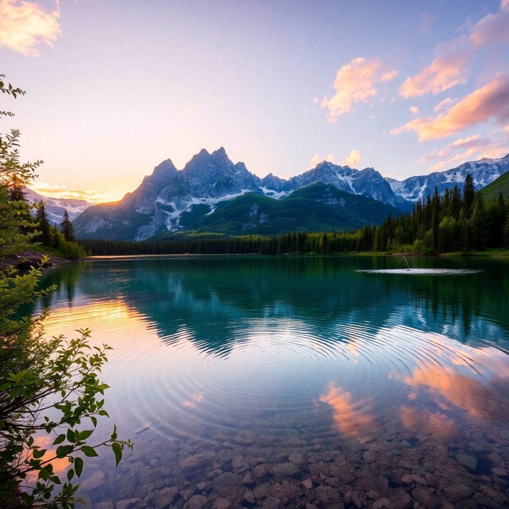 Sunset Over Serene Mountain Lake – free AI stock image
