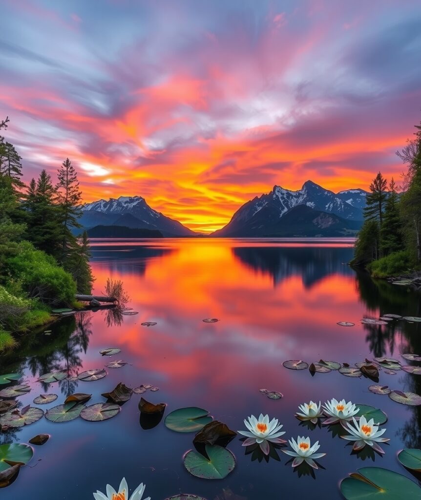 Sunset Over Serene Mountain Lake – free AI stock image
