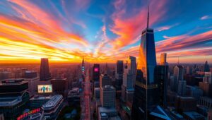Sunset Over the Bustling City – free AI stock image