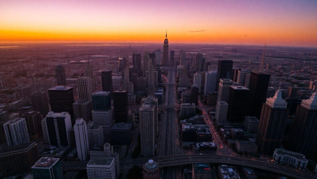 Sunset Over the Bustling Cityscape – free AI stock image