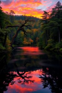 Sunset Over Tranquil Forest Lake – free AI stock image