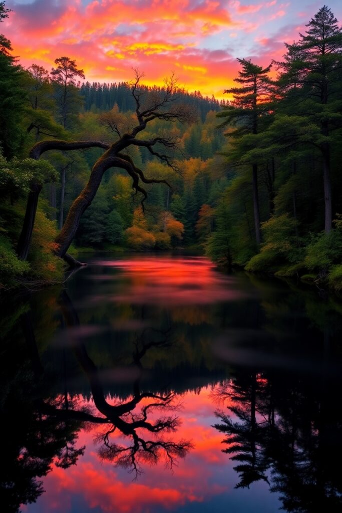Sunset Over Tranquil Forest Lake – free AI stock image