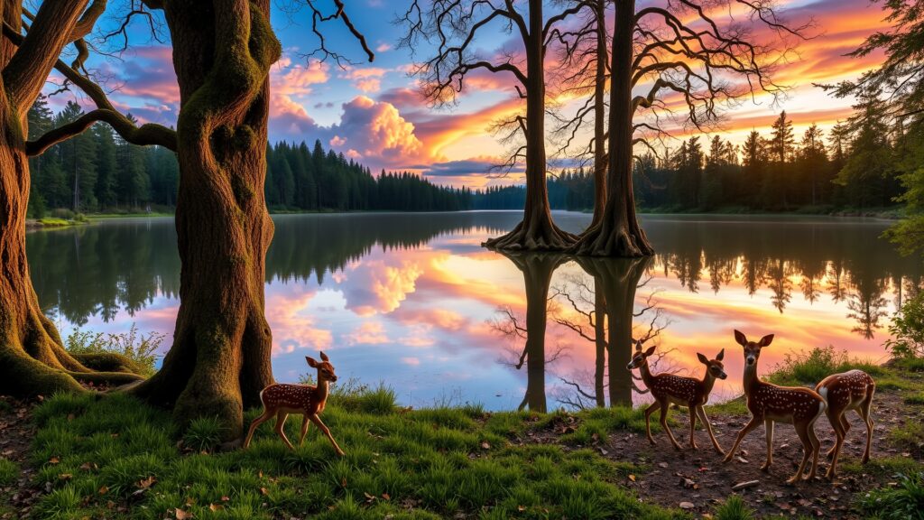 Sunset Over Tranquil Forest Pond – free AI stock image