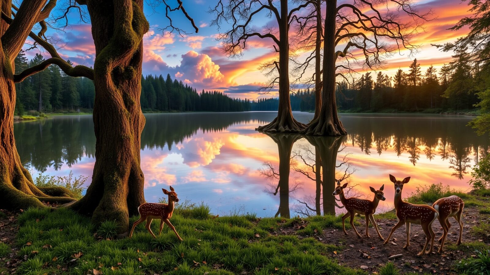 sunset over tranquil forest pond