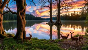 Sunset Over Tranquil Forest Pond – free AI stock image