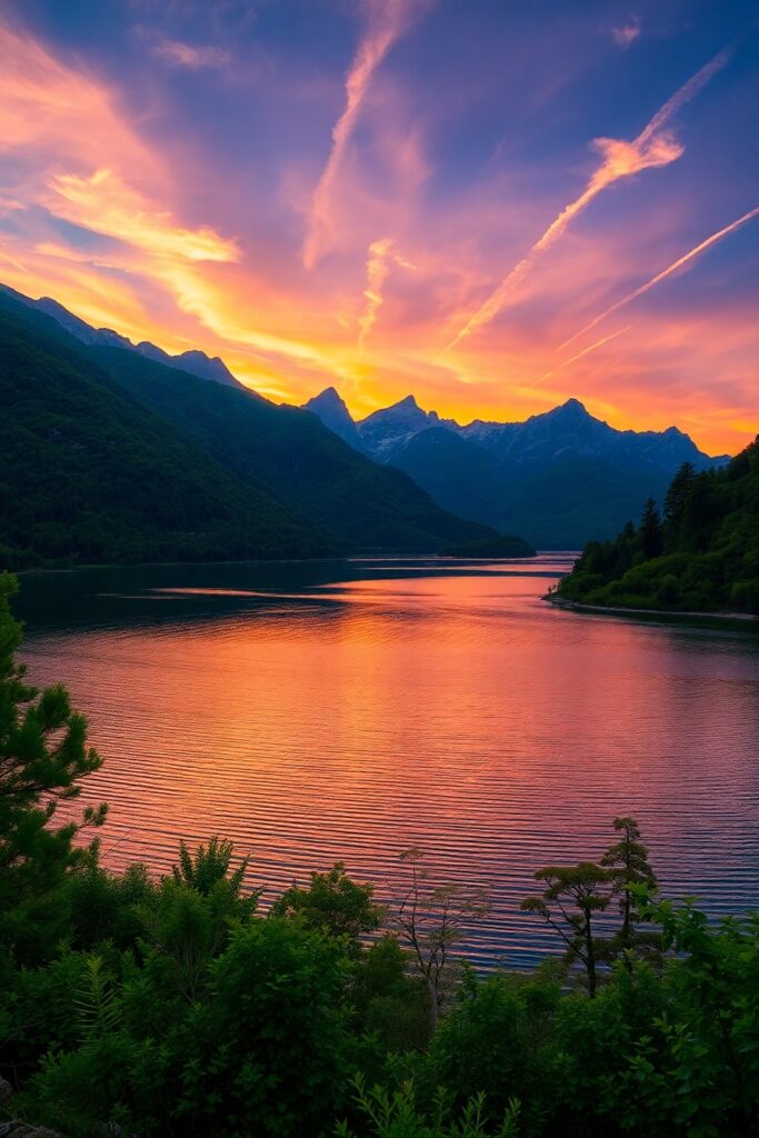 Sunset Over Tranquil Lake and Mountains – free AI stock image