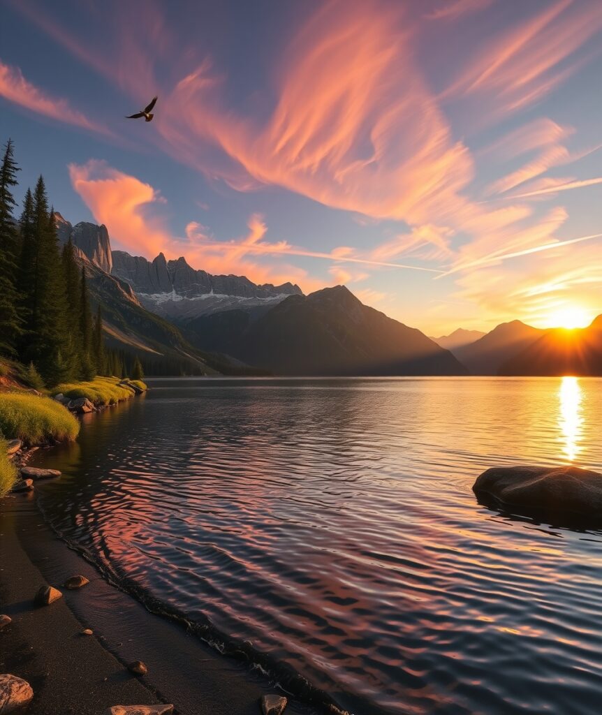 Sunset Over Tranquil Mountain Lake – free AI stock image