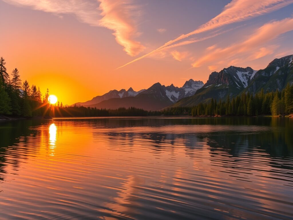 Sunset Over Tranquil Mountain Lake – free AI stock image