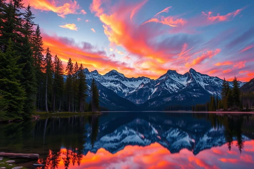 Sunset Over Tranquil Mountain Lake – free AI stock image
