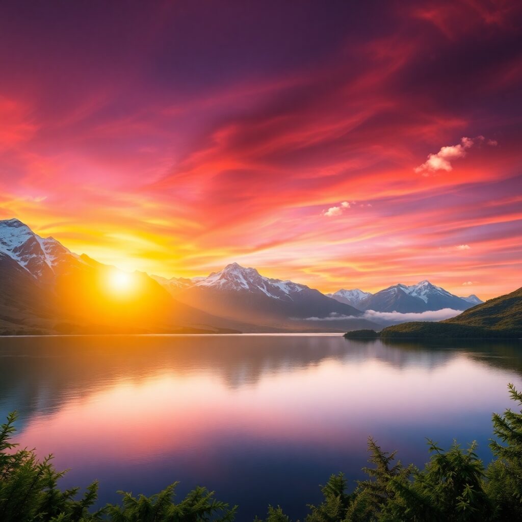 Sunset Over Tranquil Mountain Lake – free AI stock image