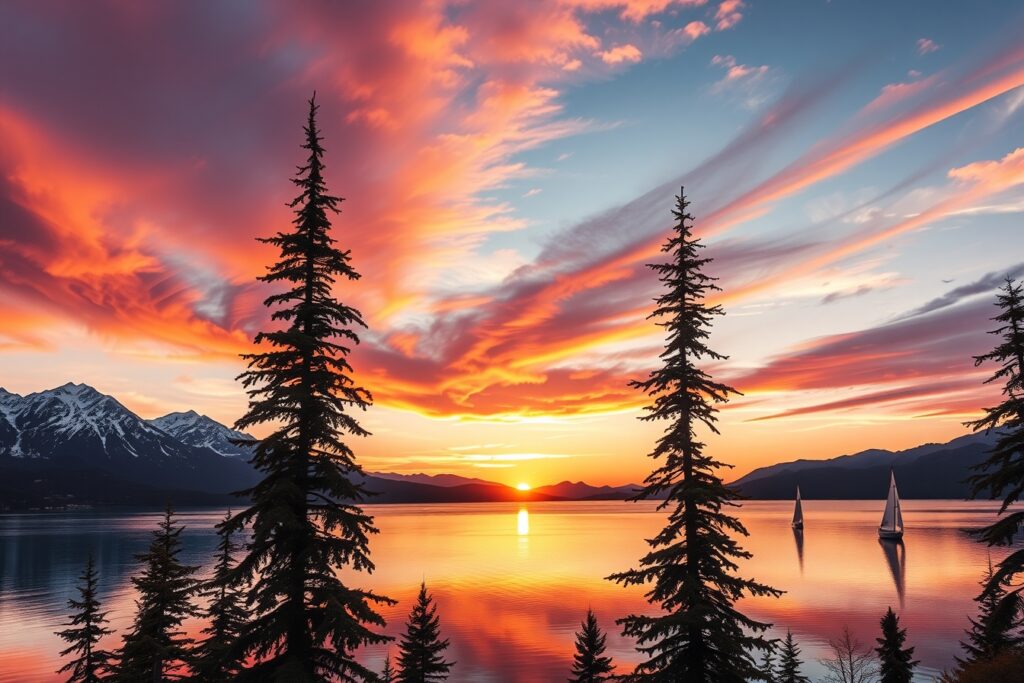 Sunset Over Tranquil Mountain Lake – free AI stock image