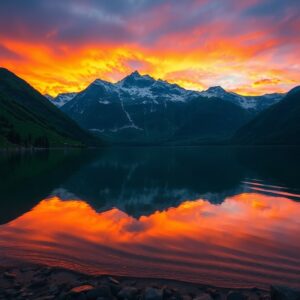 Sunset Over Tranquil Mountain Lake – free AI stock image